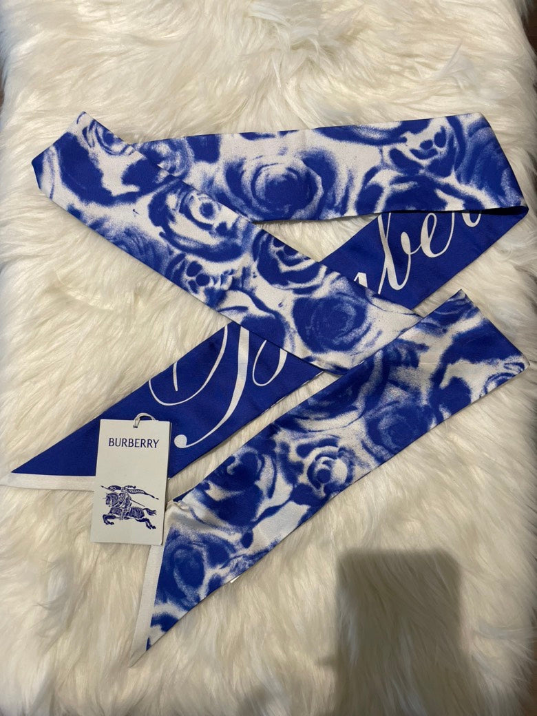 Burberry Knight Water Rose Silk Scarf Blue
