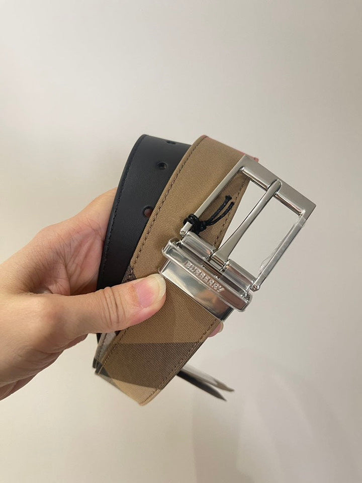 Burberry MB Louis 35 Reversible Check Belt in Taupe Brown