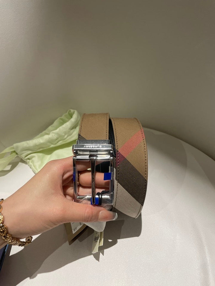 Burberry MB Louis 35 Reversible Check Belt in Taupe Brown