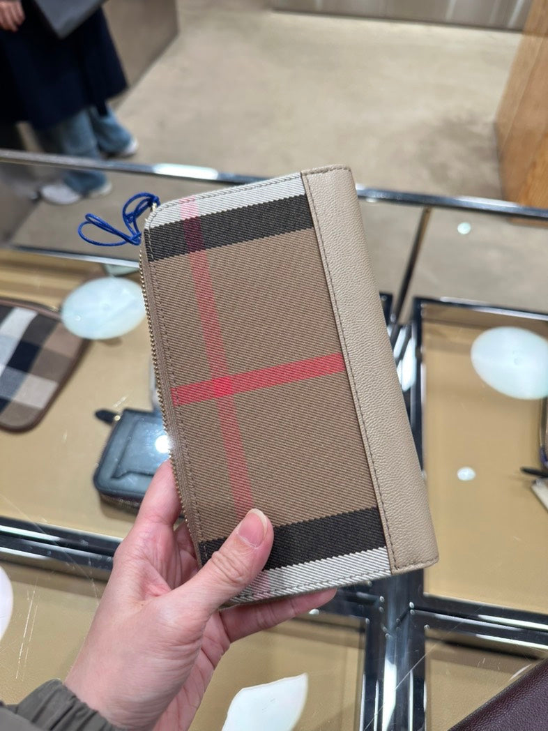 Burberry LS LG Zip Around Wallet Beige Plaid Wallet