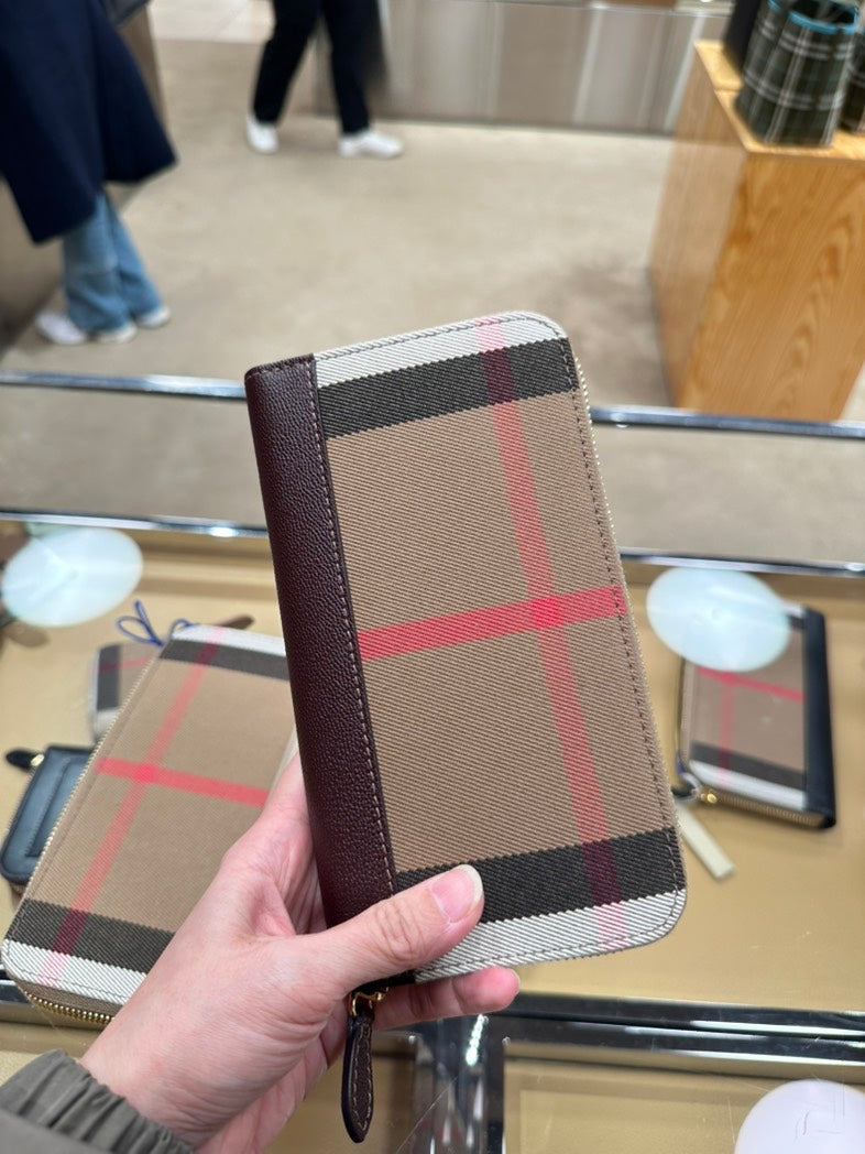 Burberry LS LG Zip Around Wallet Beige Plaid Wallet
