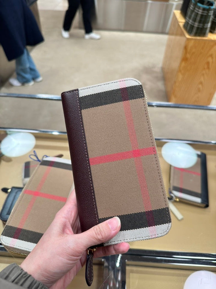 Burberry LS LG Zip Around Wallet Beige Plaid Wallet