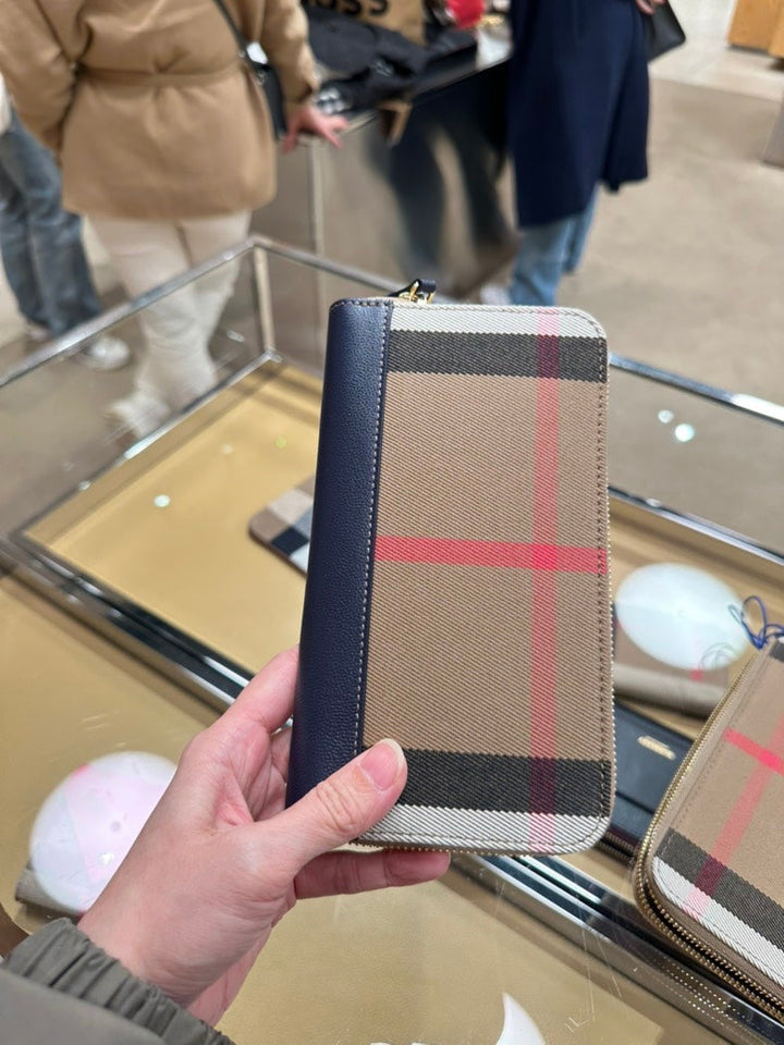 Burberry LS LG Zip Around Wallet Beige Plaid Wallet