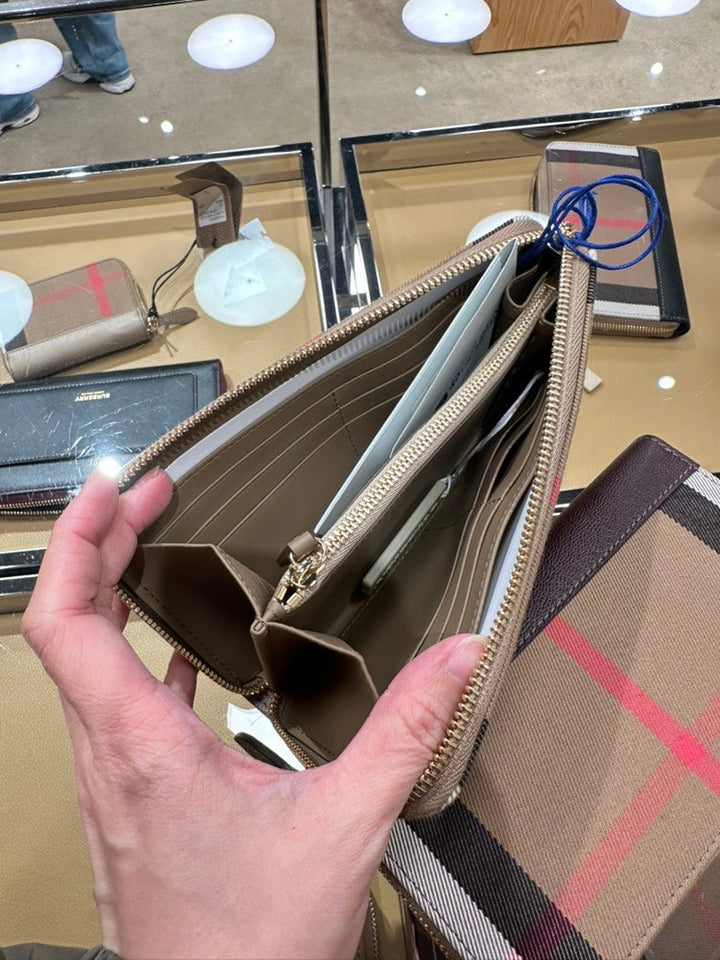 Burberry LS LG Zip Around Wallet Beige Plaid Wallet
