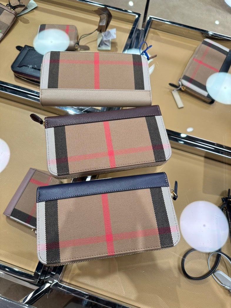 Burberry LS LG Zip Around Wallet Beige Plaid Wallet