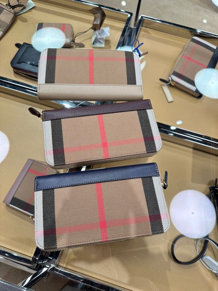 Burberry LS LG Zip Around Wallet Beige Plaid Wallet