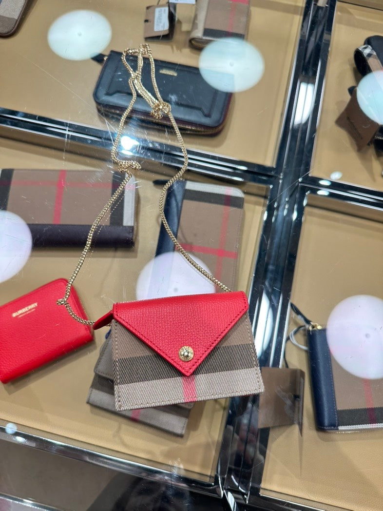 Burberry Jade Plaid Card Holder with Chain - Red and Brown Leather