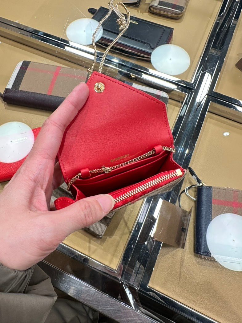 Burberry Jade Plaid Card Holder with Chain - Red and Brown Leather