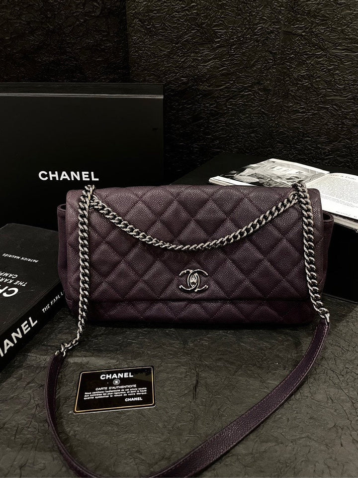 Chanel Purple Caviar Silver Buckle Airport Crossbody Bag With Card
