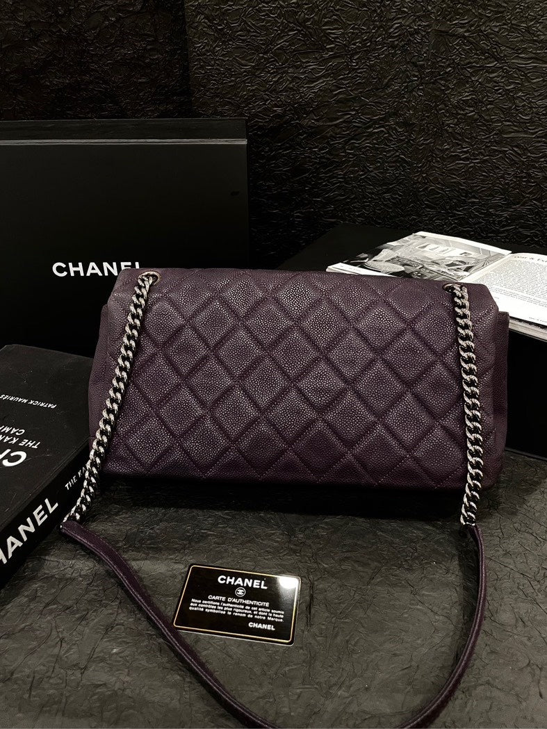 Chanel Purple Caviar Silver Buckle Airport Crossbody Bag With Card