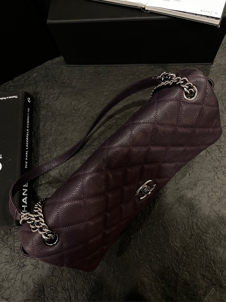 Top Quality Chanel Purple Caviar Silver Buckle Airport Crossbody Bag With Card