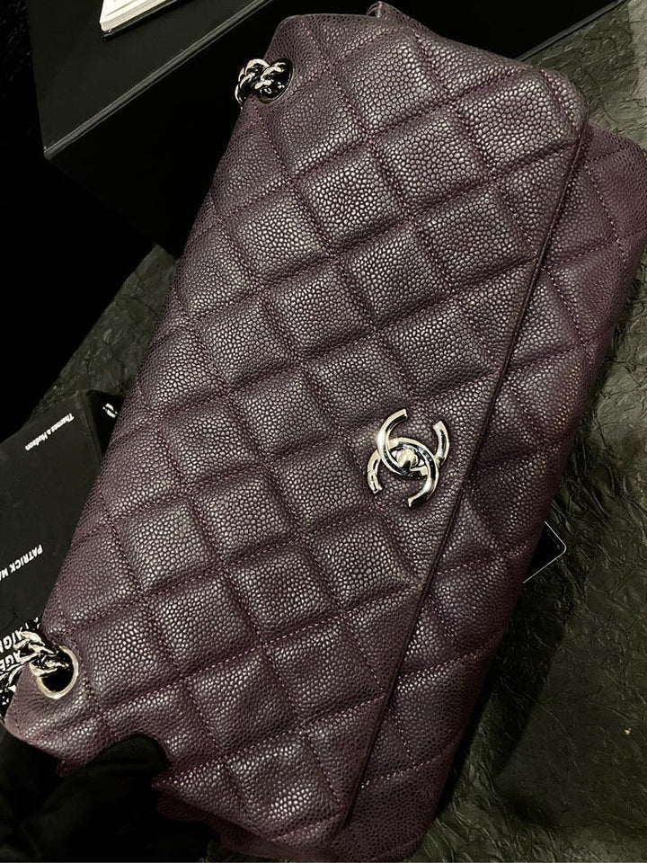 Chanel Purple Caviar Silver Buckle Airport Crossbody Bag With Card