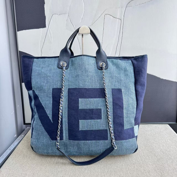 Top Quality Chanel Deauville Tote Bag Blue Canvas 2018  Large