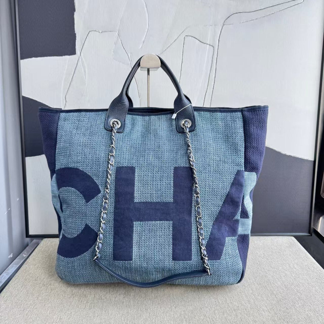 Top Quality Chanel Deauville Tote Bag Blue Canvas 2018  Large