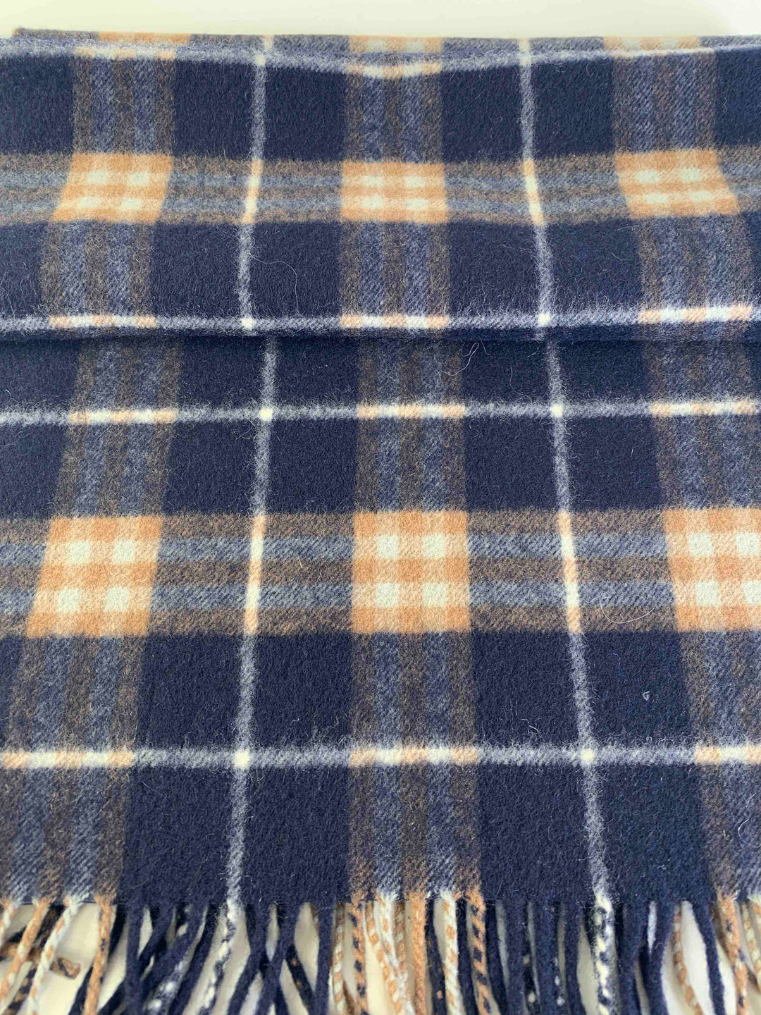 Burberry Check Pattern Navy Beige Wool Scarf