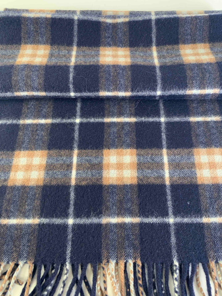 Burberry Check Pattern Navy Beige Wool Scarf