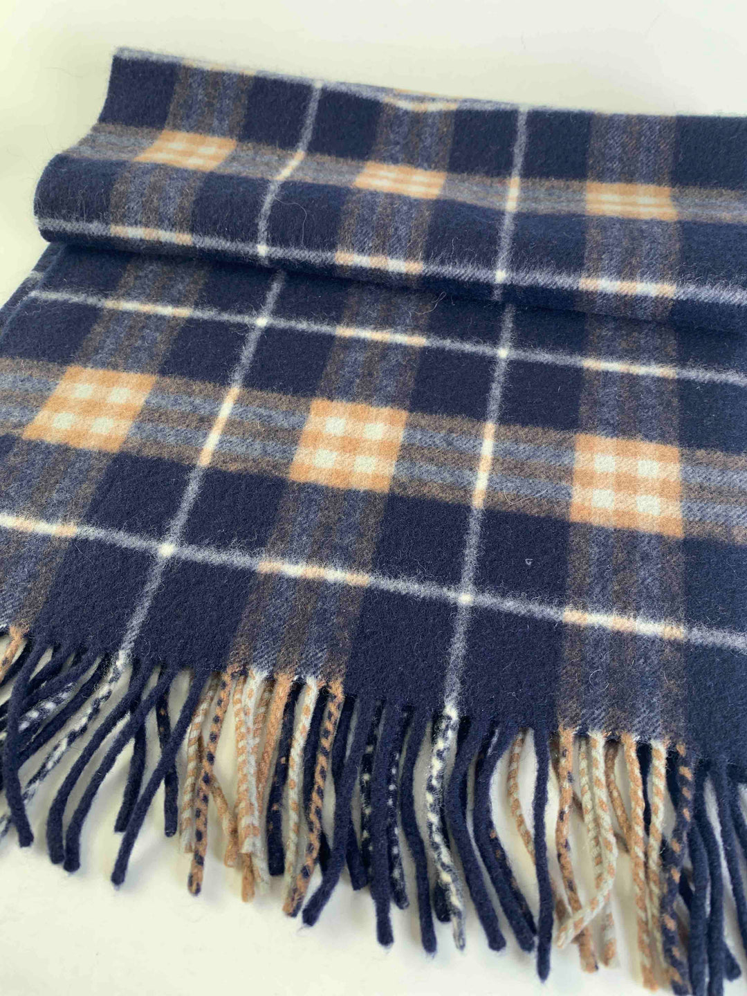 Burberry Check Pattern Navy Beige Wool Scarf
