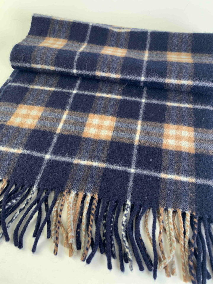 Burberry Check Pattern Navy Beige Wool Scarf