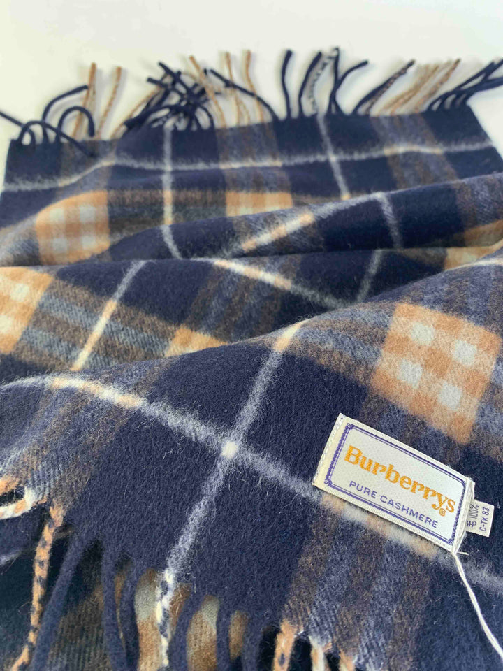 Burberry Check Pattern Navy Beige Wool Scarf
