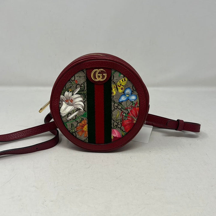 Gucci GG Marmont Floral Canvas and Leather Round Crossbody Bag in Red