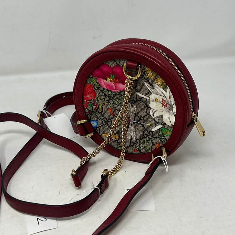 Gucci GG Marmont Floral Canvas and Leather Round Crossbody Bag in Red