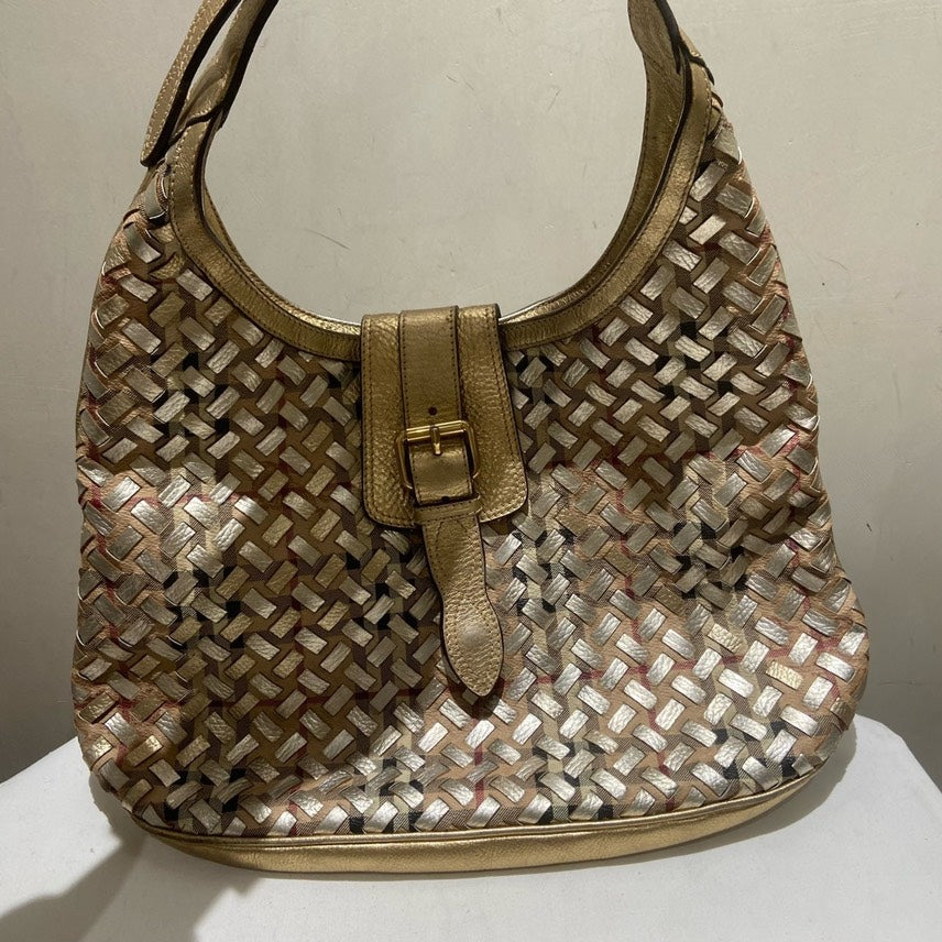 Burberry Woven Gold Metallic Hobo Bag