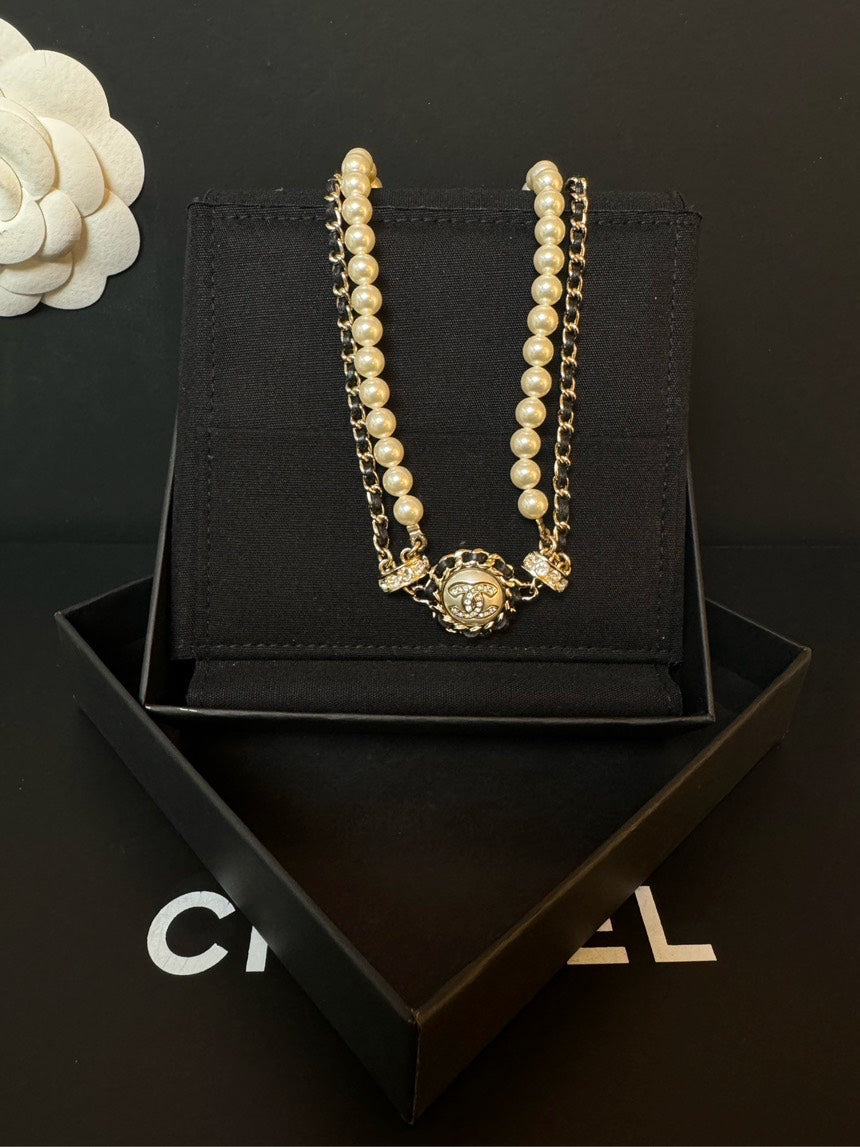 Top Quality Chanel Necklace Black Gold Pearl Double-Layer Choker 21k Full Set