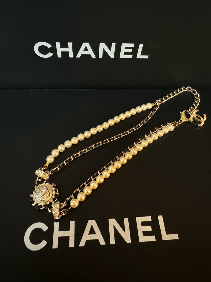 Top Quality Chanel Necklace Black Gold Pearl Double-Layer Choker 21k Full Set