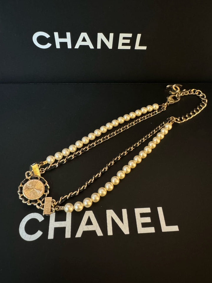 Top Quality Chanel Necklace Black Gold Pearl Double-Layer Choker 21k Full Set