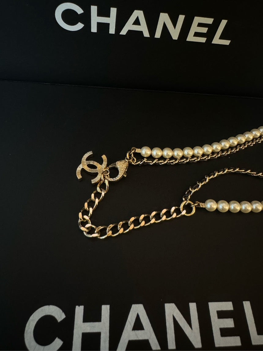 Top Quality Chanel Necklace Black Gold Pearl Double-Layer Choker 21k Full Set