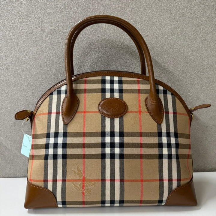 Burberry Canvas Leather Handbag O274302 in Classic Plaid Beige, Top Handle Bag