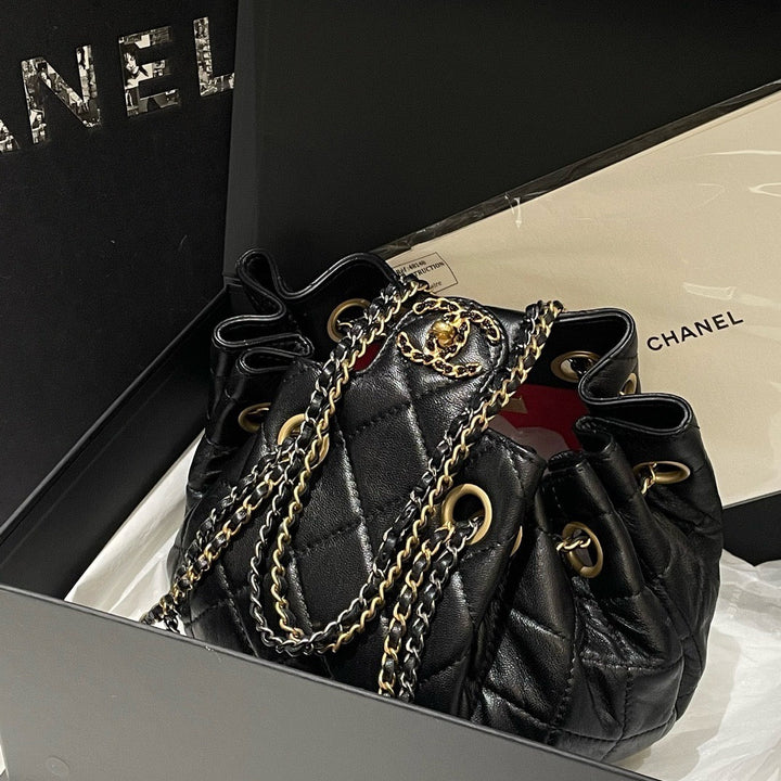 Unused Top Quality Chanel 22c Bucket Bag Black Leather Designer Handbag