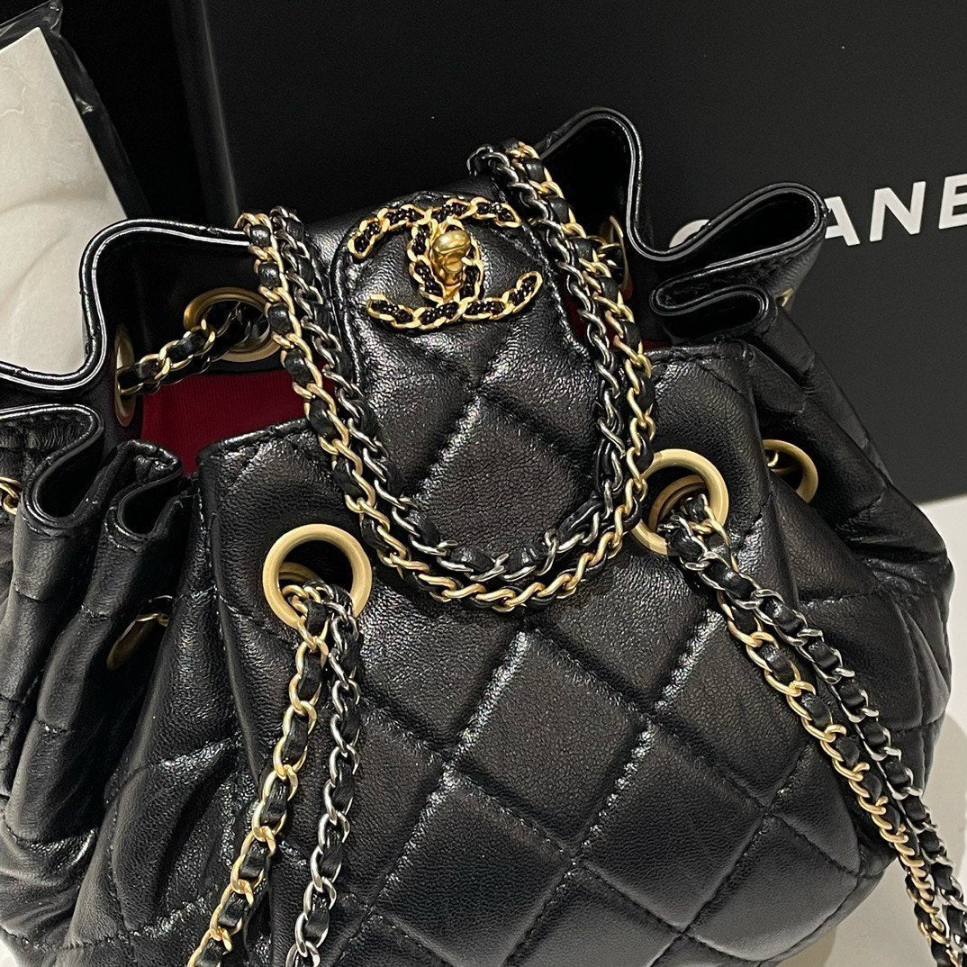 Unused Top Quality Chanel 22c Bucket Bag Black Leather Designer Handbag