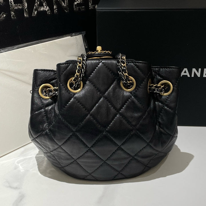 Unused Top Quality Chanel 22c Bucket Bag Black Leather Designer Handbag