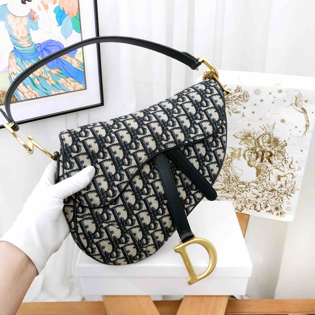 Top quality Dior Saddle Bag Medium Black Canvas Shoulder Bag