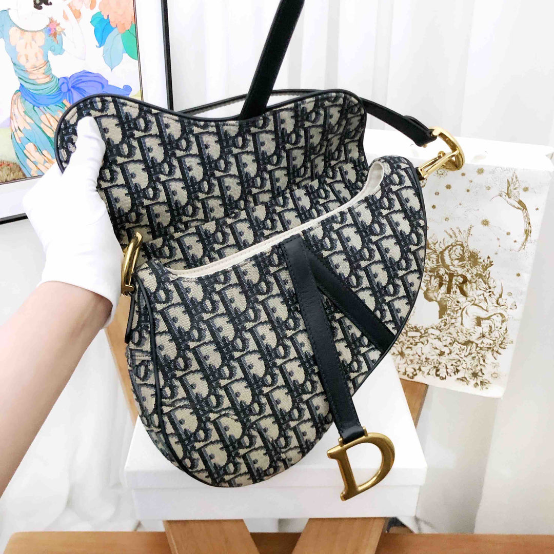 Top quality Dior Saddle Bag Medium Black Canvas Shoulder Bag
