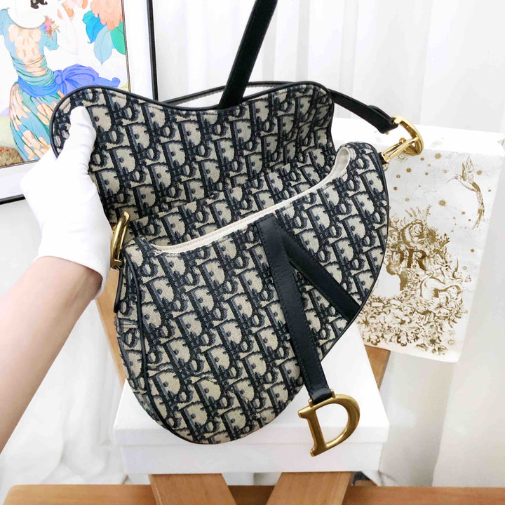 Top quality Dior Saddle Bag Medium Black Canvas Shoulder Bag