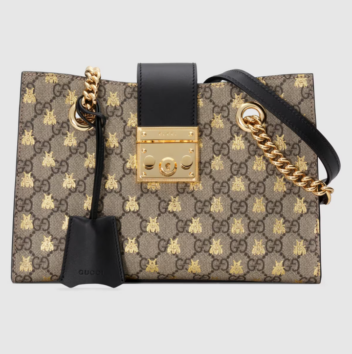 Gucci Bee Padlock Shoulder Bag Beige Ebony Small GG Supreme Leather Handbag New
