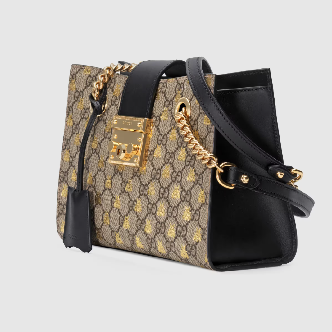 Gucci Bee Padlock Shoulder Bag Beige Ebony Small GG Supreme Leather Handbag New