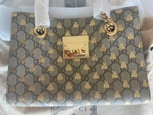 Gucci Bee Padlock Shoulder Bag Beige Ebony Small GG Supreme Leather Handbag New