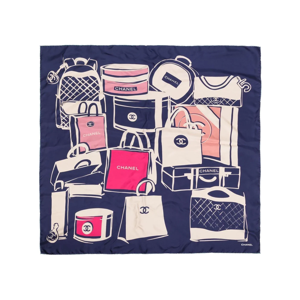 Chanel Navy Luggage Motif Silk Scarf
