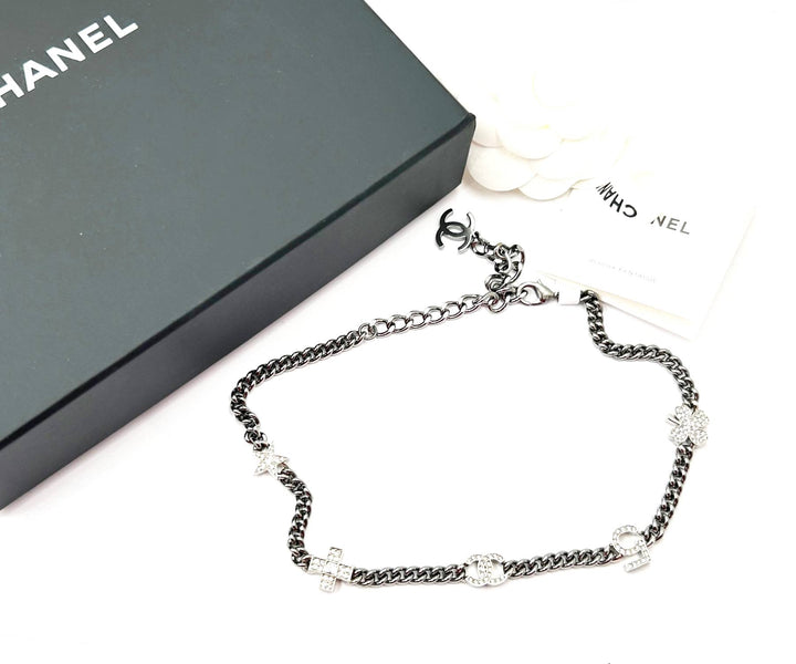Chanel Brand New Silver 5 Crystal Charms Gunmetal Chain Choker Necklace