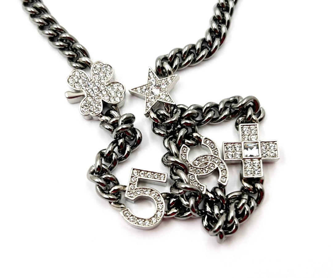 Chanel Brand New Silver 5 Crystal Charms Gunmetal Chain Choker Necklace