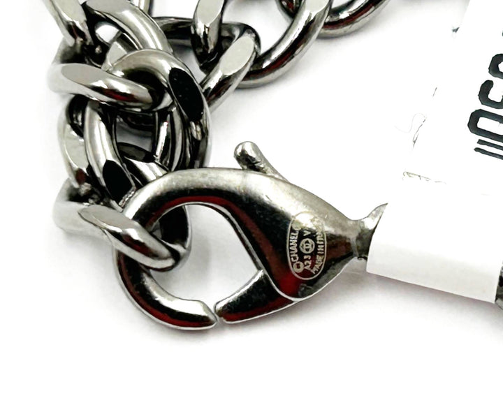 Chanel Brand New Silver 5 Crystal Charms Gunmetal Chain Choker Necklace