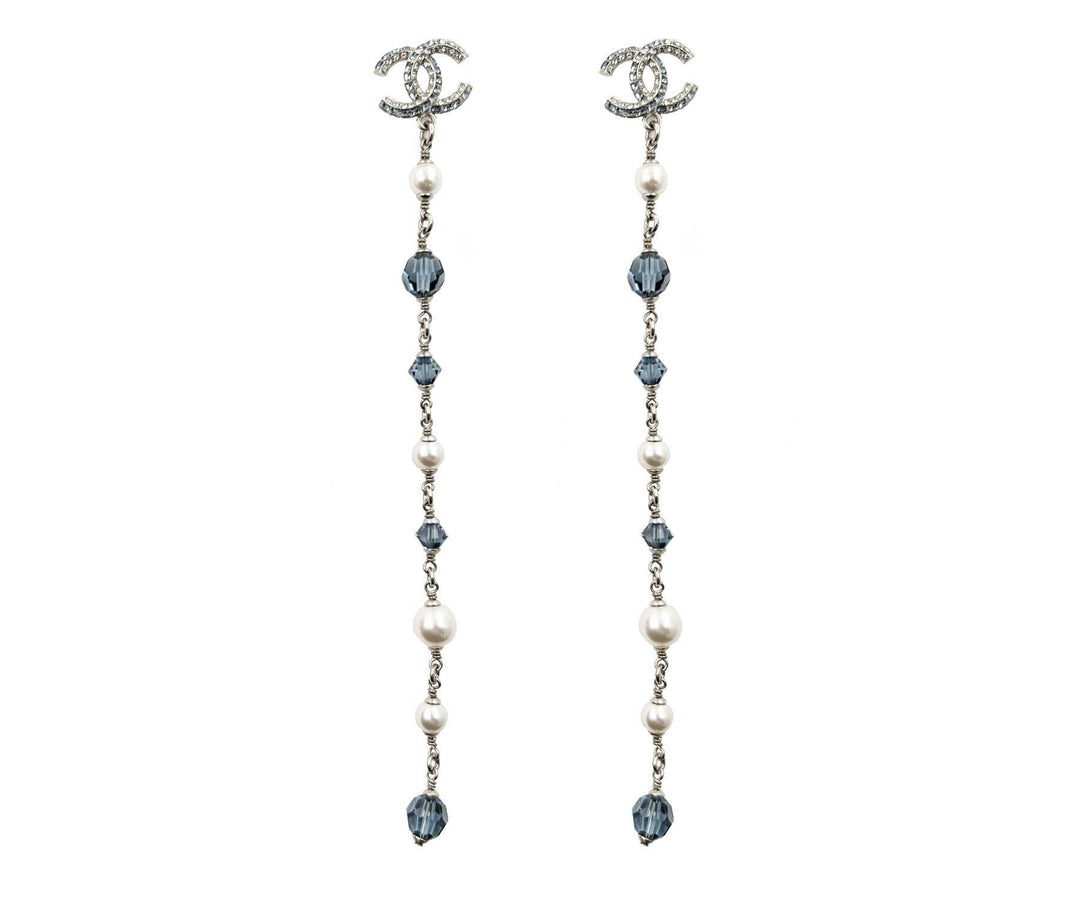 Chanel Brand New Silver CC Blue Princess Crystal Pearl Super Long Earrings