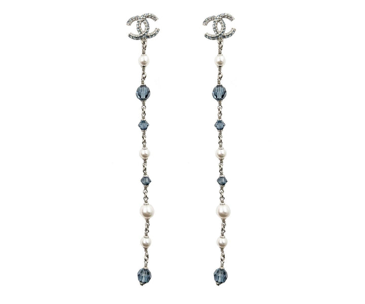 Chanel Brand New Silver CC Blue Princess Crystal Pearl Super Long Earrings