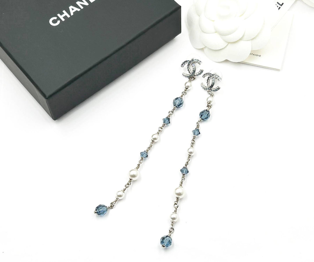 Chanel Brand New Silver CC Blue Princess Crystal Pearl Super Long Earrings