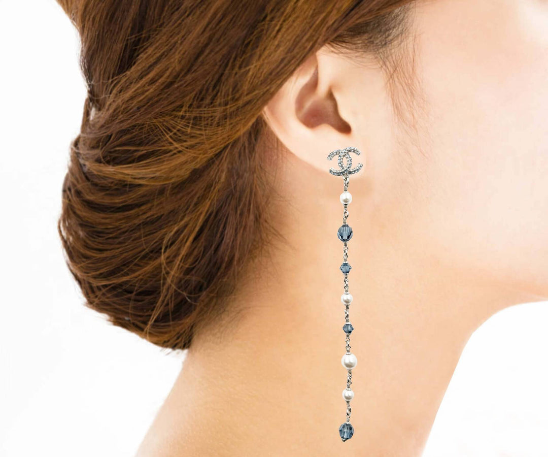 Chanel Brand New Silver CC Blue Princess Crystal Pearl Super Long Earrings