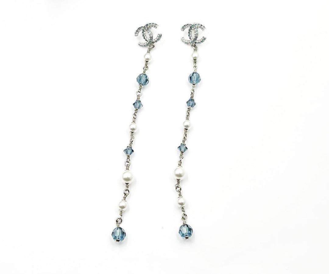 Chanel Brand New Silver CC Blue Princess Crystal Pearl Super Long Earrings