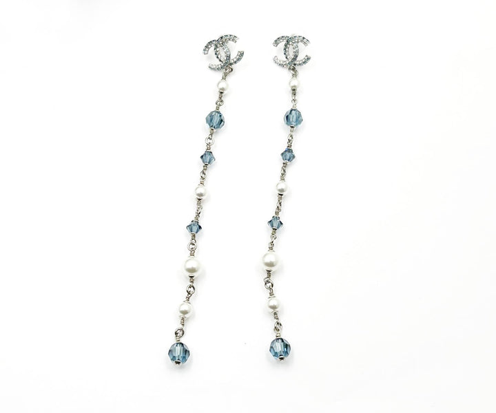Chanel Brand New Silver CC Blue Princess Crystal Pearl Super Long Earrings